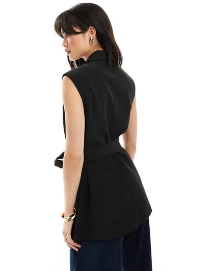 ASOS DESIGN sleeveless tailored blazer with tie waist in black