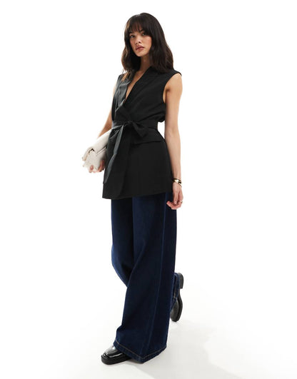 ASOS DESIGN sleeveless tailored blazer with tie waist in black