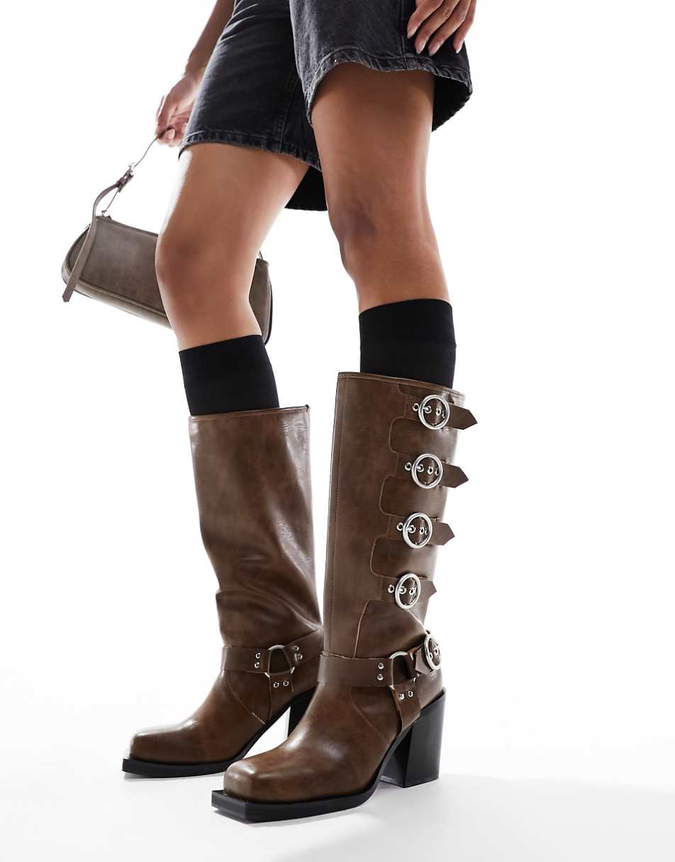 Public Desire Fetish heeled biker boots in tan