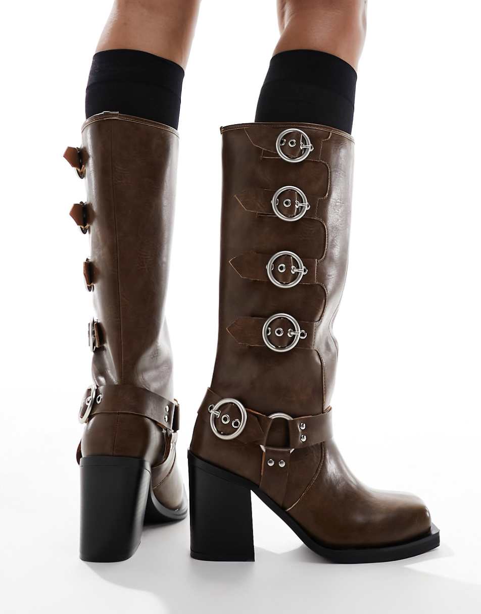 Public Desire Fetish heeled biker boots in tan