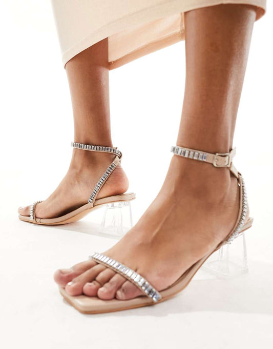 Public Desire Slay clear block heeled sandals with embellished strap in silver