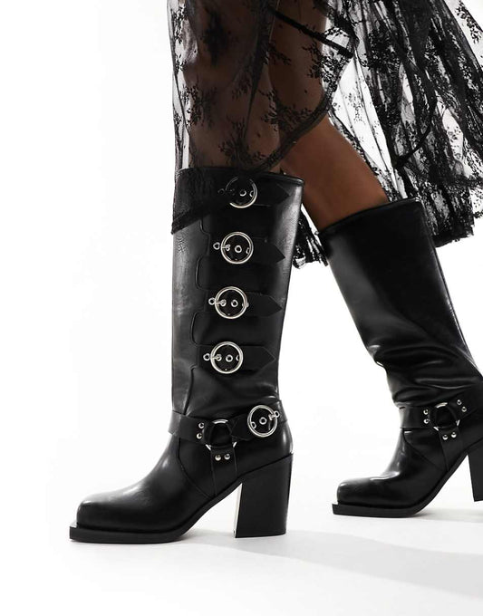 Public Desire Wide Fit Fetish heeled moto boots in black