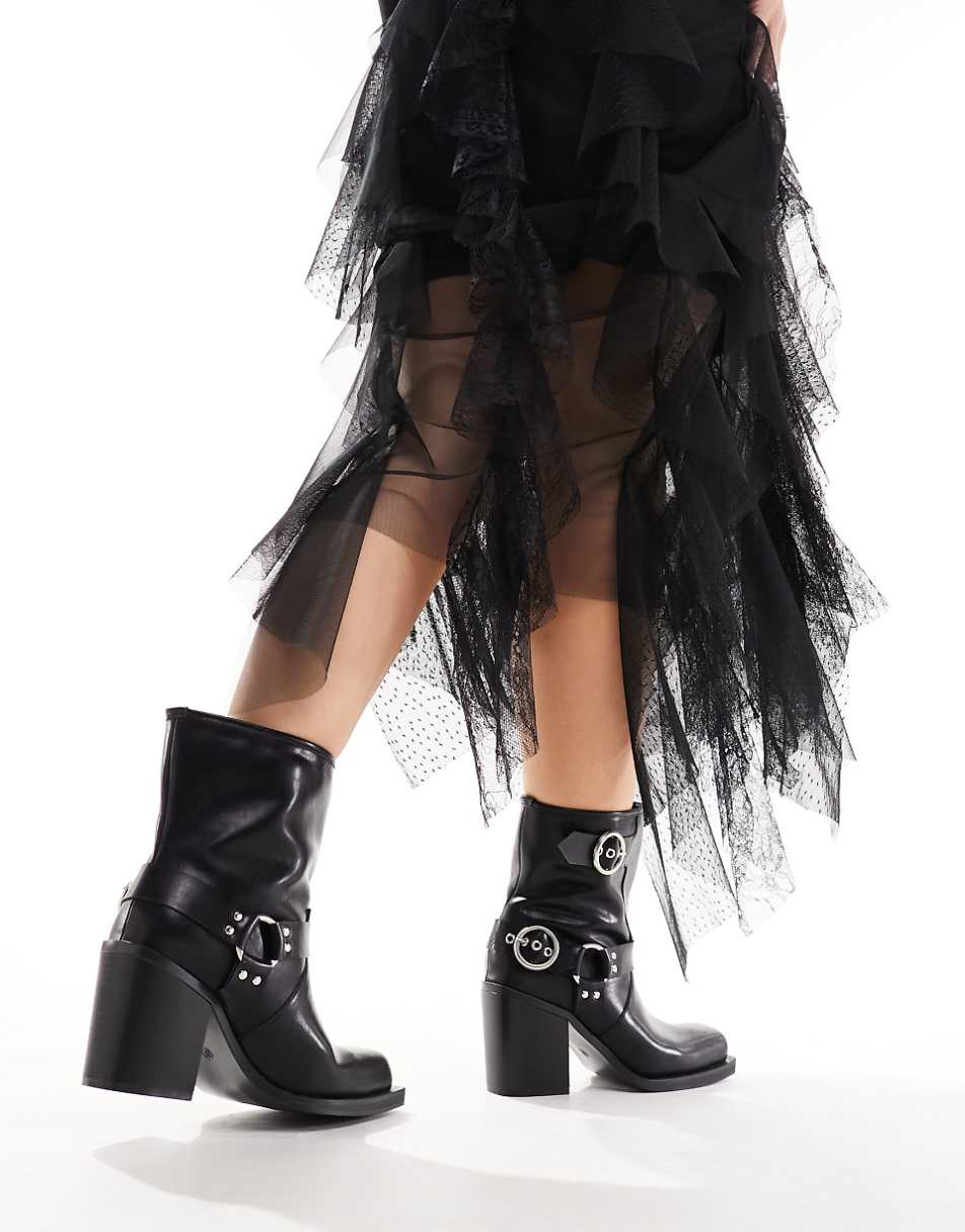 Public Desire Wide Fit Freak heeled ankle biker boots in black