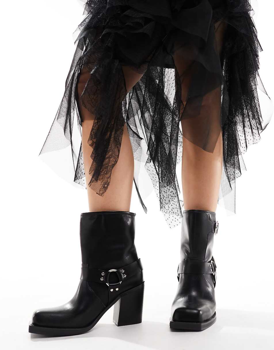 Public Desire Wide Fit Freak heeled ankle biker boots in black