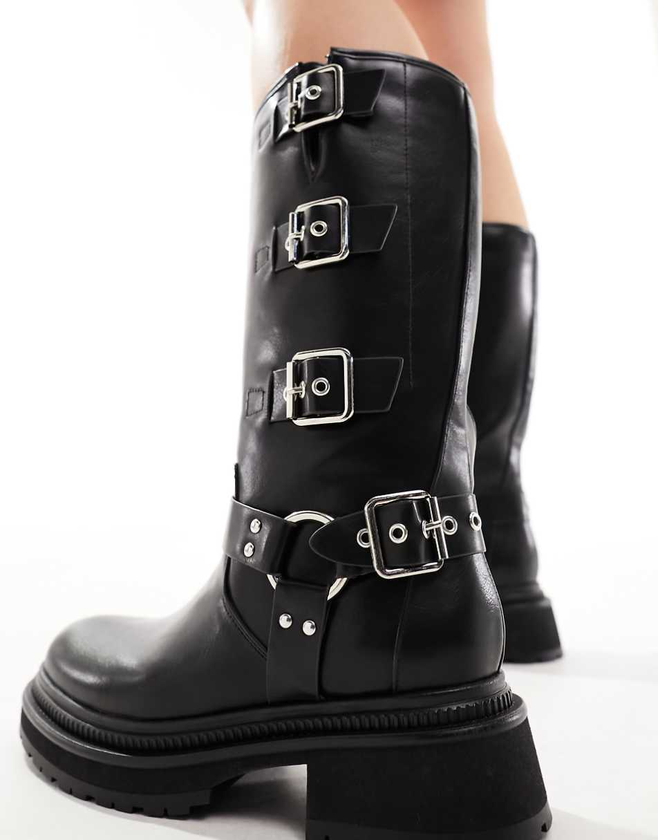 Public Desire Wide Fit Fast Track biker boots in black