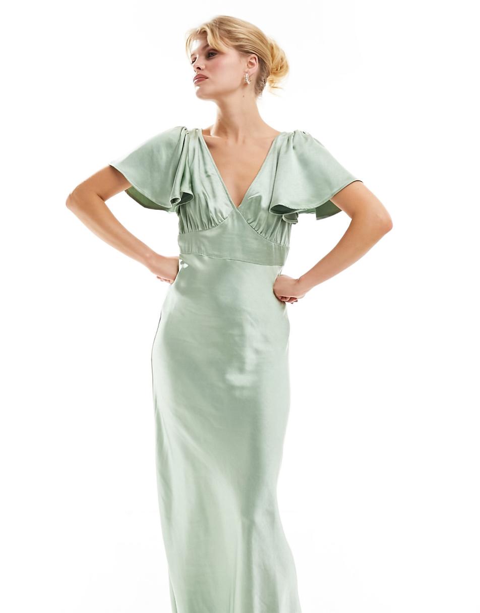 Six Stories Bridesmaid flutter sleeve satin maxi dress in sage