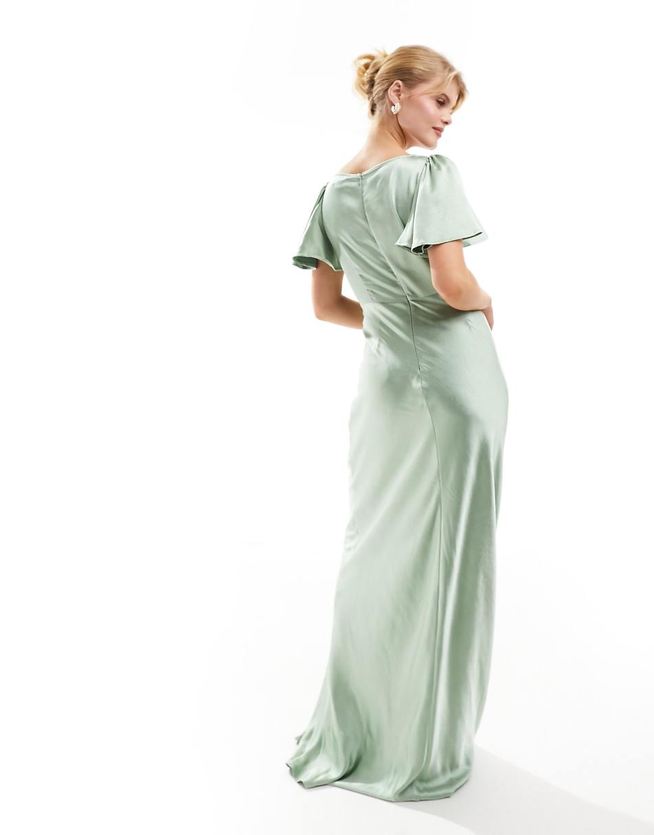 Six Stories Bridesmaid flutter sleeve satin maxi dress in sage