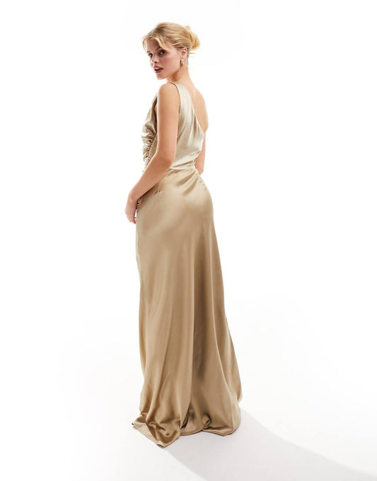 Six Stories Bridesmaids one shoulder satin maxi dress in champagne