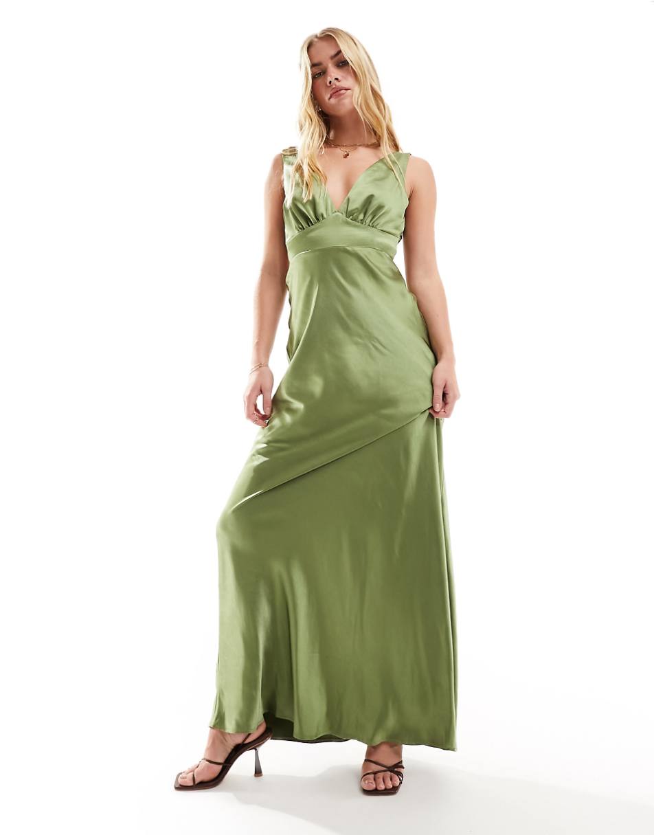 Six Stories Bridesmaid bow back satin maxi dress in moss green