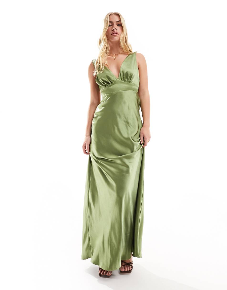 Six Stories Bridesmaid bow back satin maxi dress in moss green