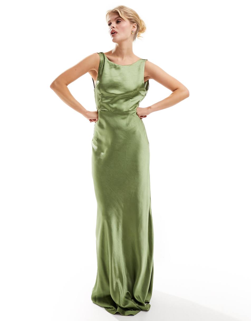 Six Stories Bridesmaids cowl back satin maxi dress in moss green