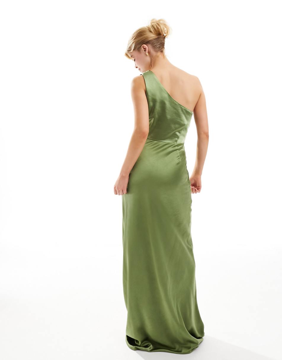 Six Stories Bridesmaids one shoulder satin maxi dress in moss green