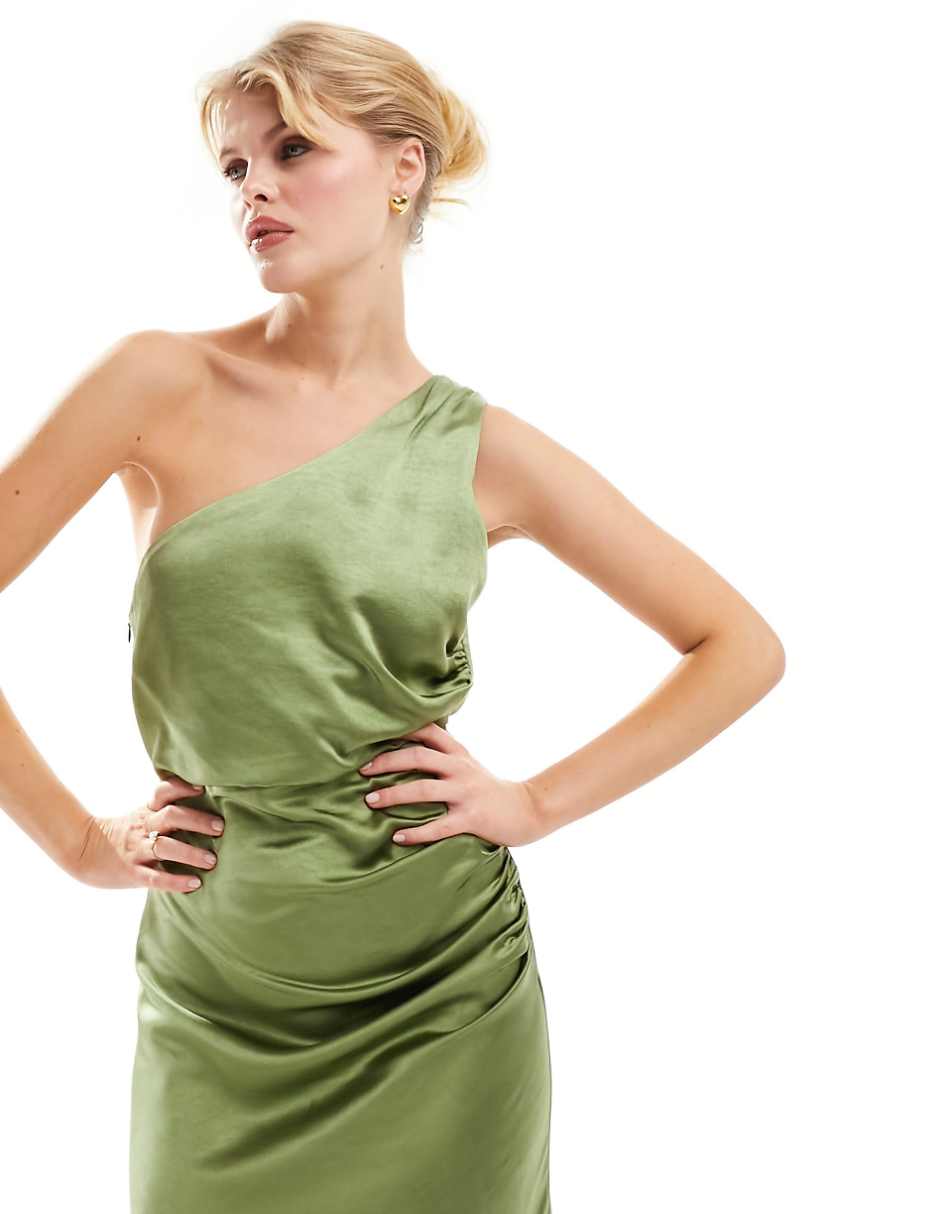 Six Stories Bridesmaids one shoulder satin maxi dress in moss green