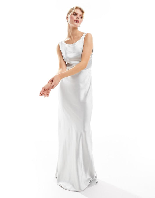 Six Stories Bridesmaids cowl back satin maxi dress in silver