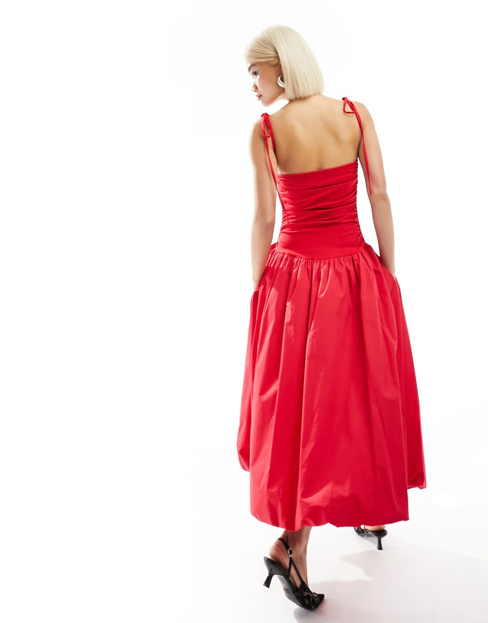 Amy Lynn Alexa shoulder tie puffball midi dress in cherry red