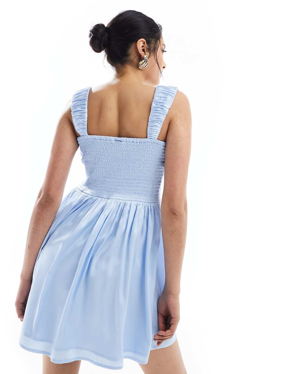 ASOS DESIGN button through corset satin mini with gathered bust in light blue