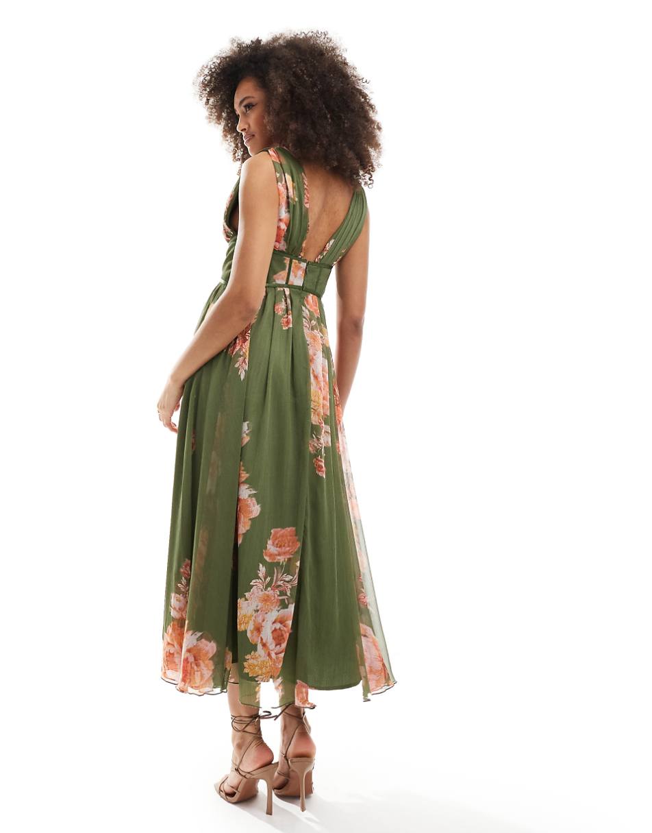 ASOS DESIGN corset plunge pleated midi dress with button detail in green floral print