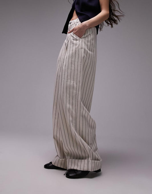 Topshop stripe wide leg cuffed hem pants in ecru