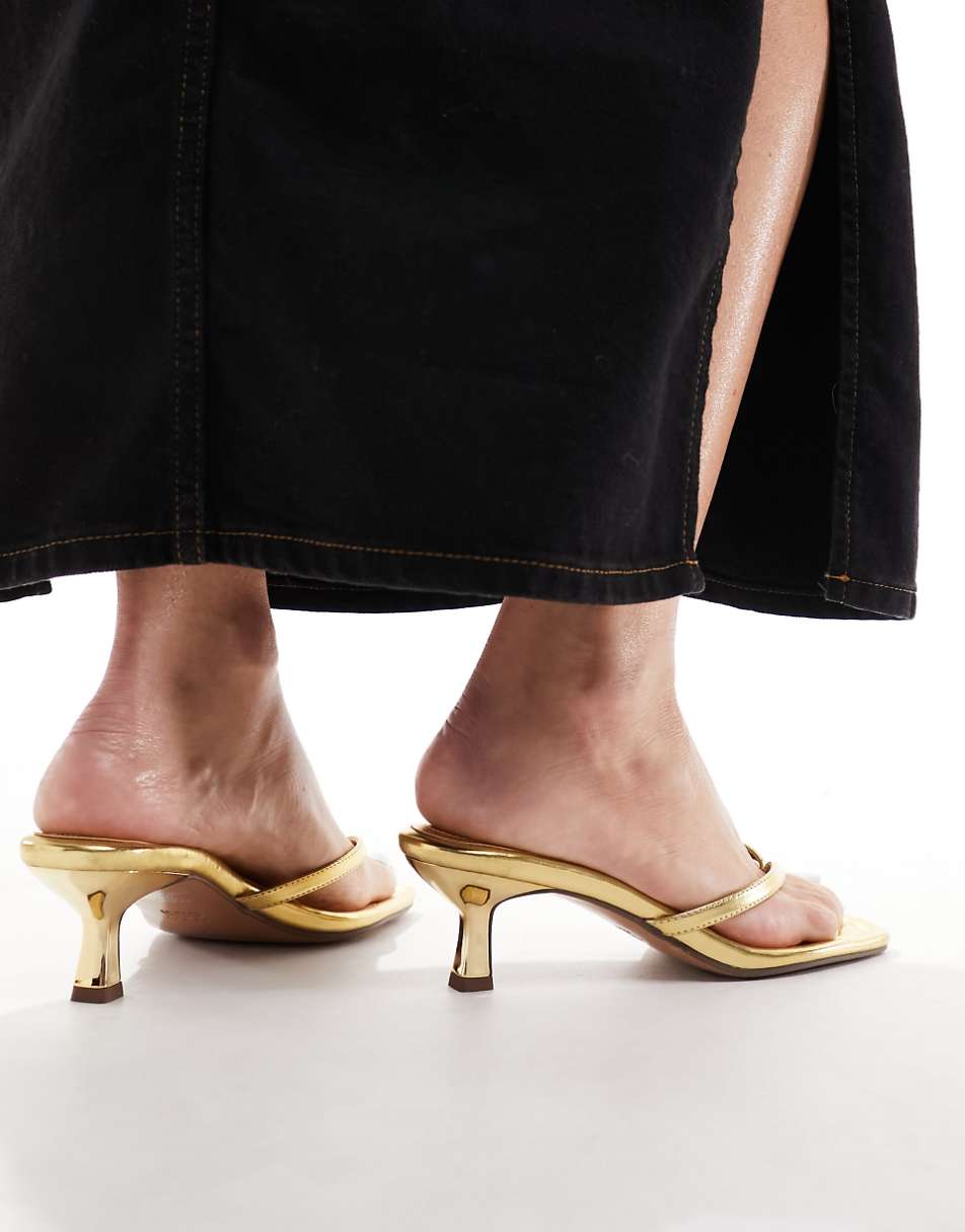 ASOS DESIGN Heatwave toe thong kitten heeled sandals in gold