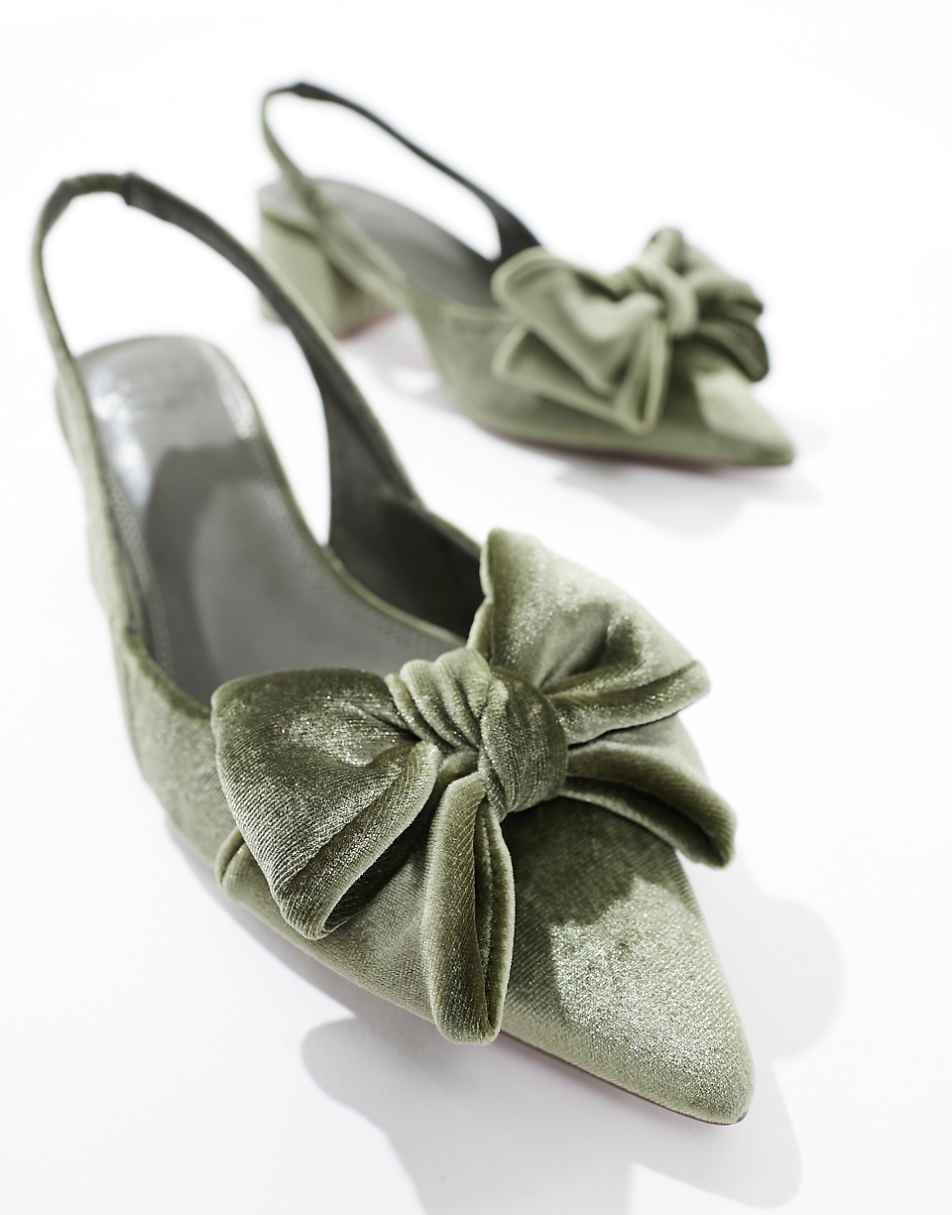 ASOS DESIGN Wide Fit Symphony bow slingback mid block heeled shoes in sage green velvet