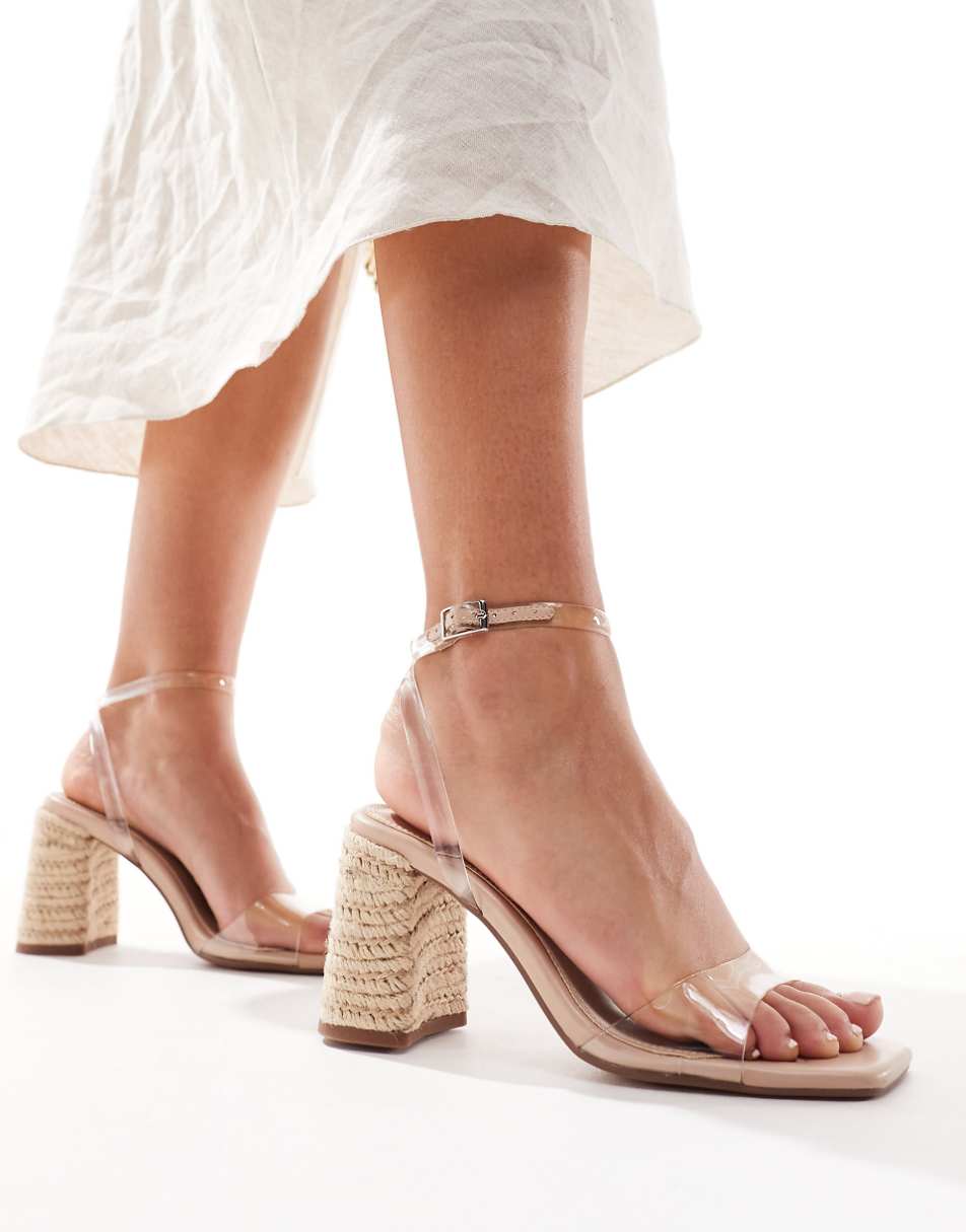 ASOS DESIGN Hotel barely there raffia block heeled sandals in clear