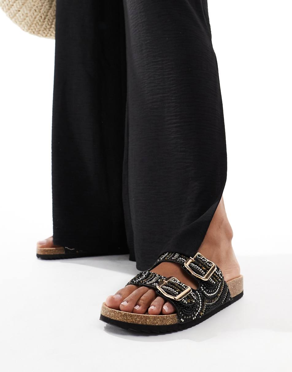 ASOS DESIGN Funky beaded double strap flat sandals in black