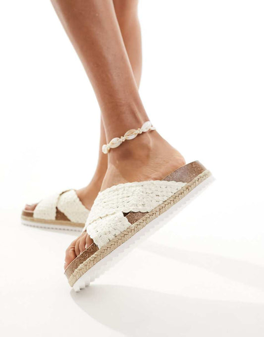 ASOS DESIGN Jessie flatform cross strap espadrille sandals in off white crochet