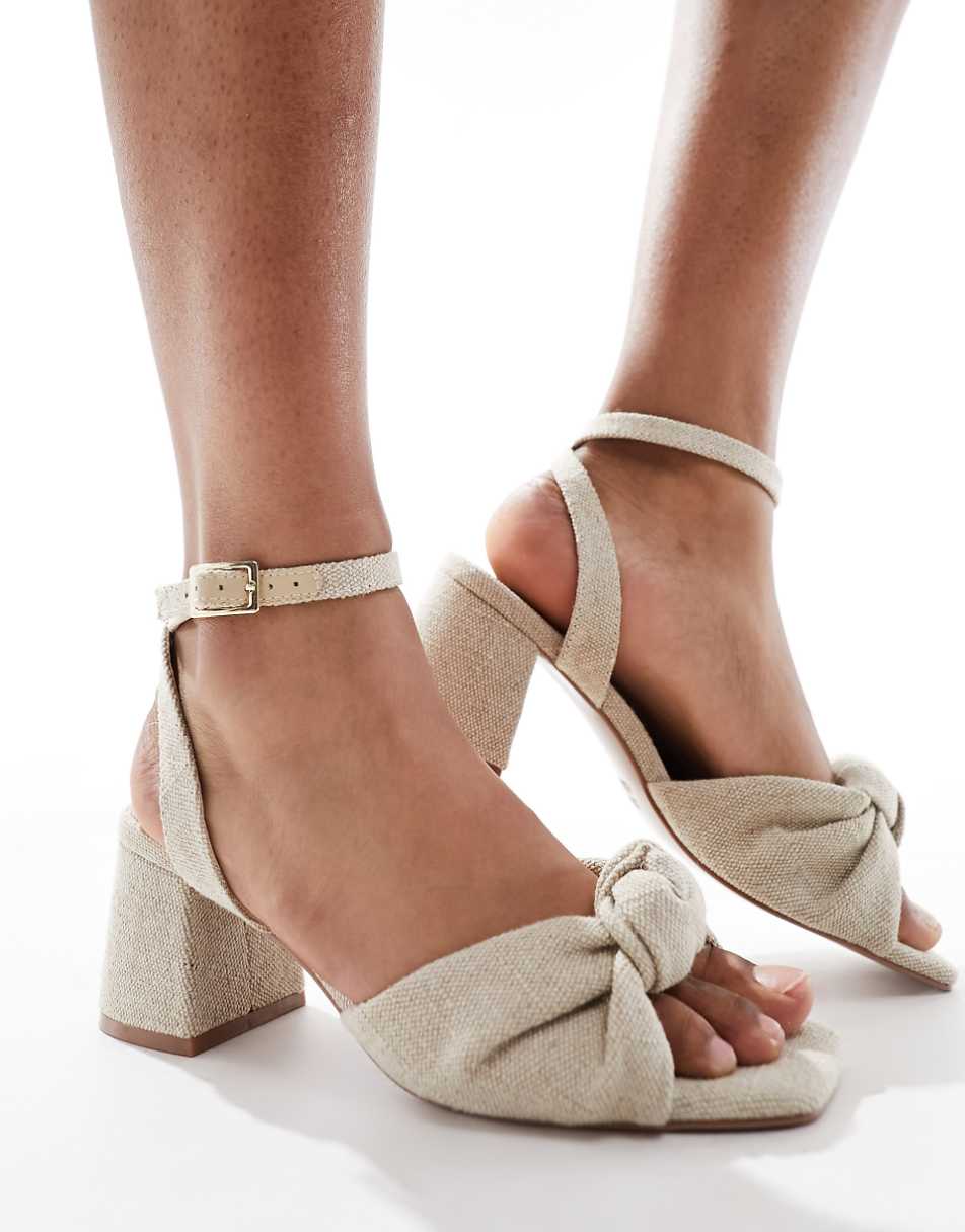 ASOS DESIGN Hansel knotted mid heeled sandals in natural fabrication