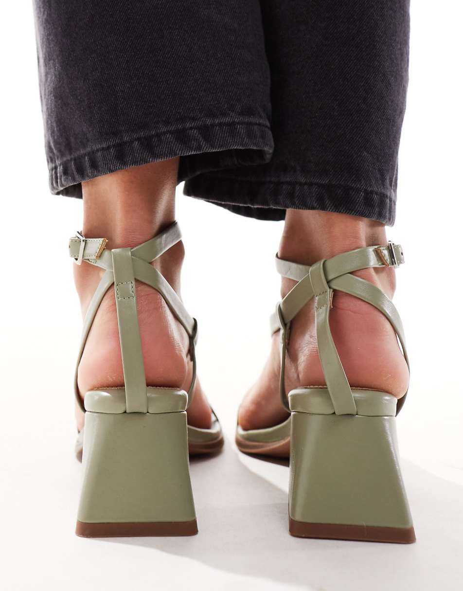 ASOS DESIGN Hibiscus asymmetric mid block heeled sandals in sage green