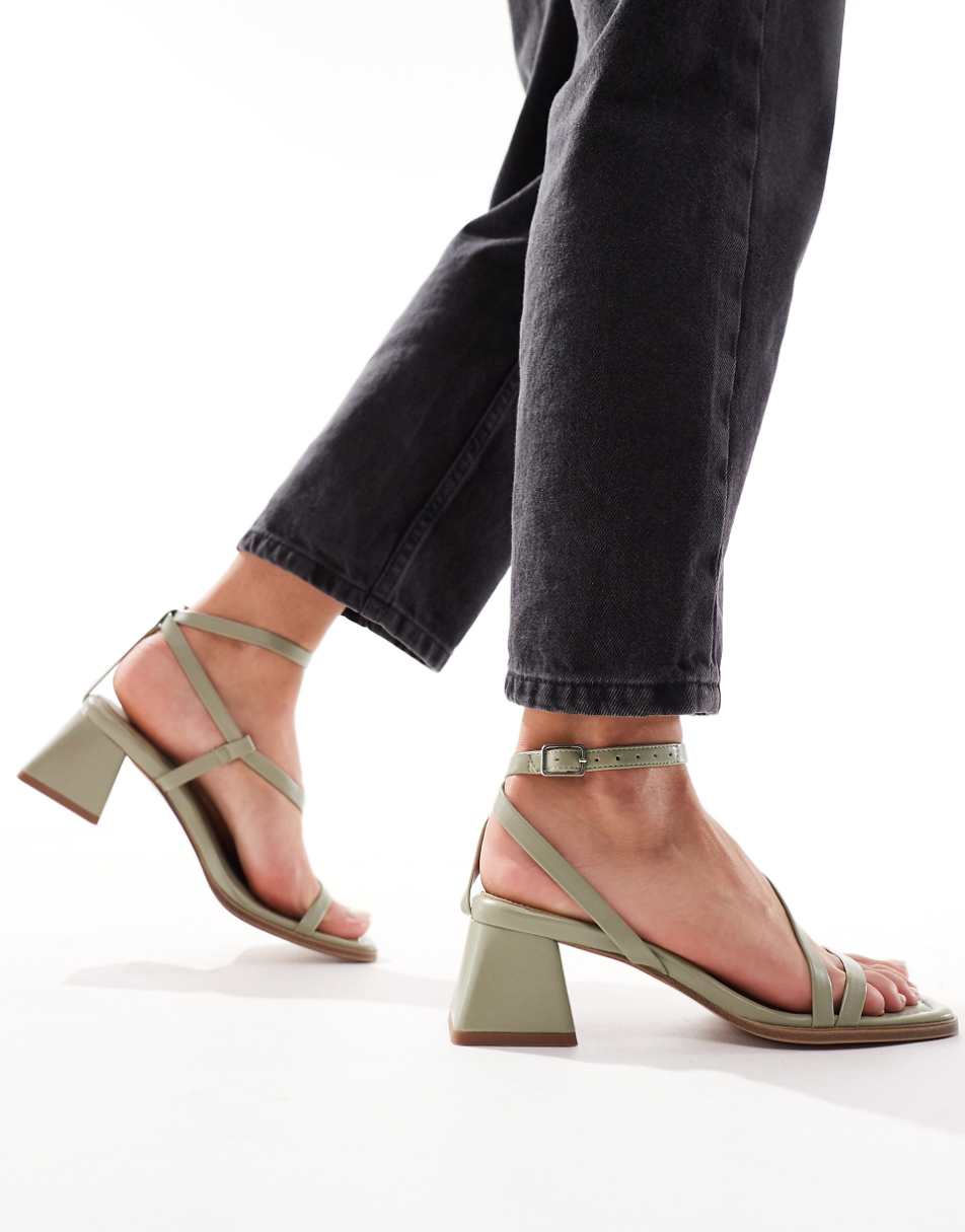 ASOS DESIGN Hibiscus asymmetric mid block heeled sandals in sage green