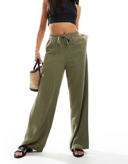 Miss Selfridge linen blend pull on wide leg pants in olive