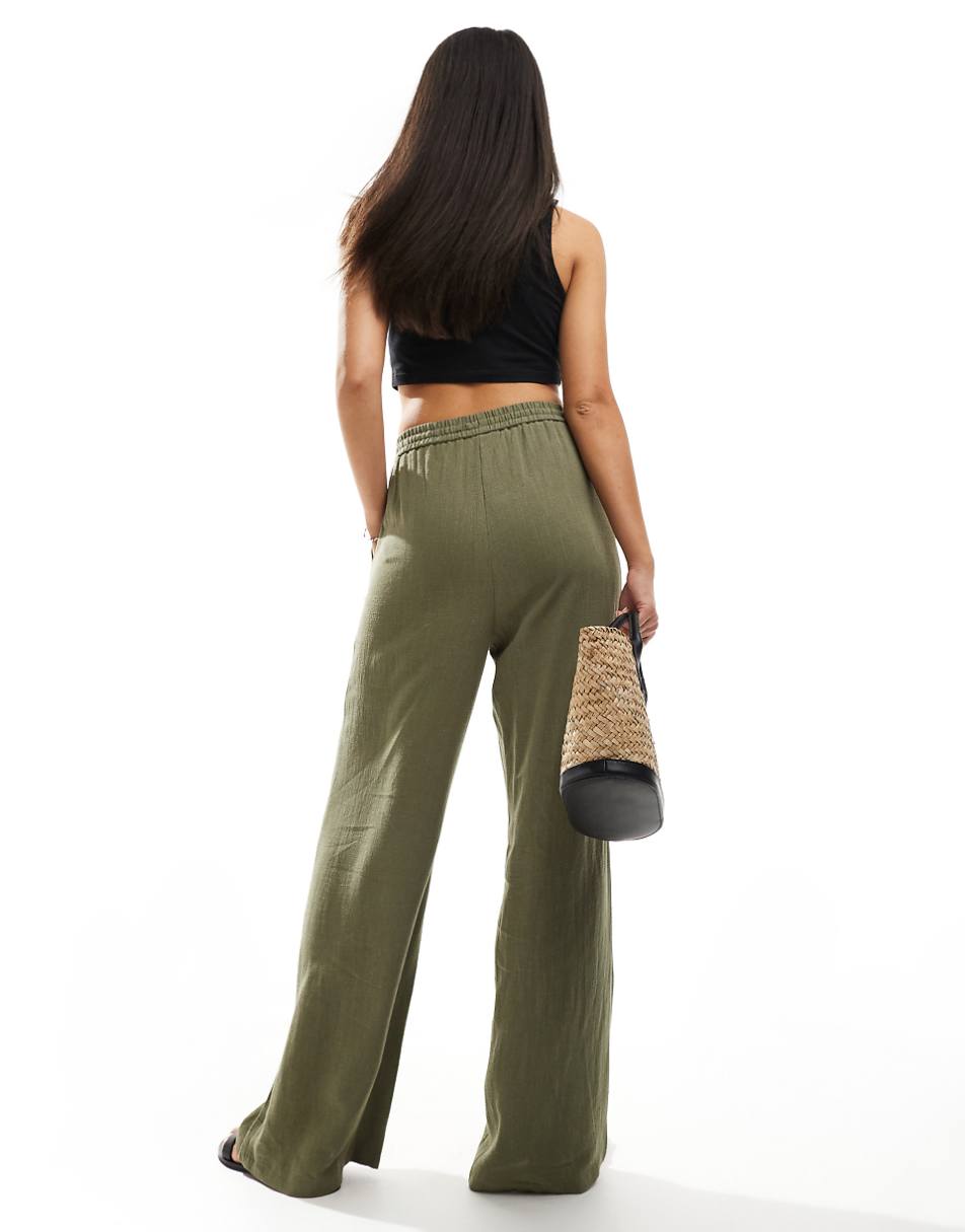 Miss Selfridge linen blend pull on wide leg pants in olive