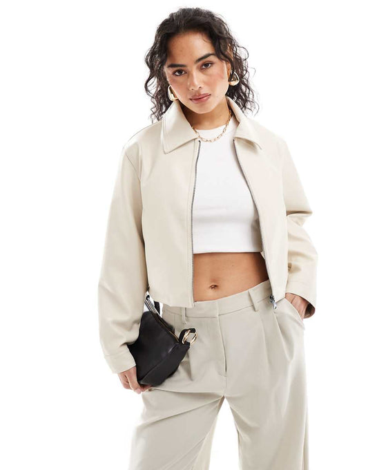 ASOS DESIGN leather look top collar jacket in stone