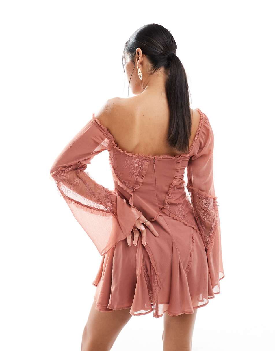 ASOS DESIGN long sleeve corset mini dress with patchwork lace and chiffon in dusky pink