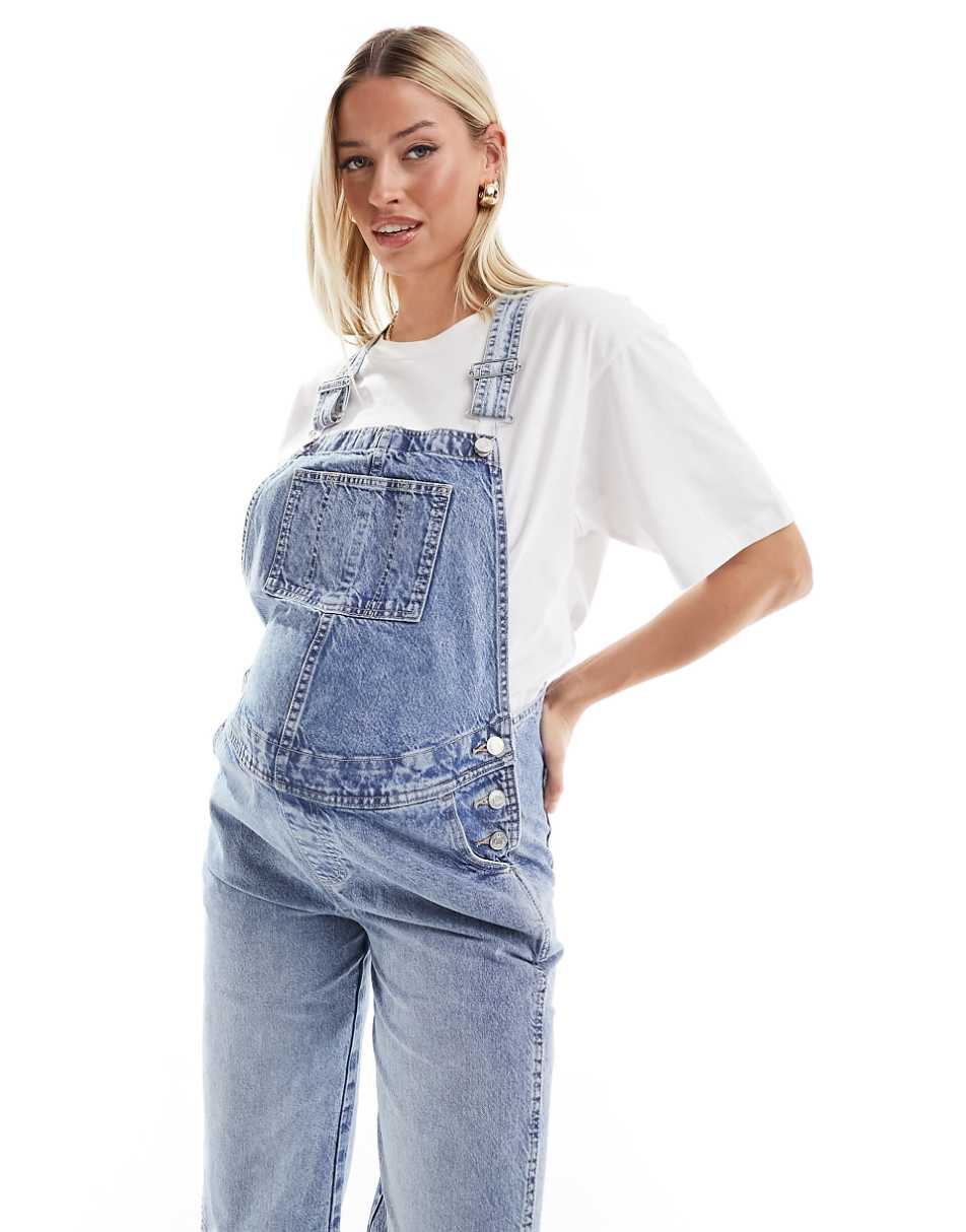 ASOS DESIGN Maternity denim overalls in mid blue