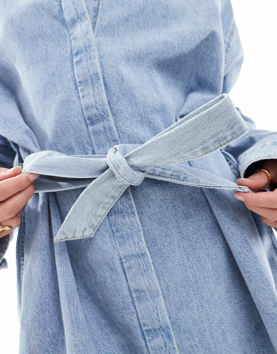 ASOS DESIGN denim mini shirt dress with belt in midwash blue