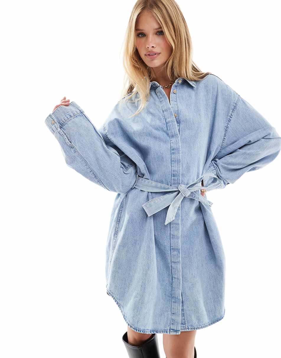 ASOS DESIGN denim mini shirt dress with belt in midwash blue