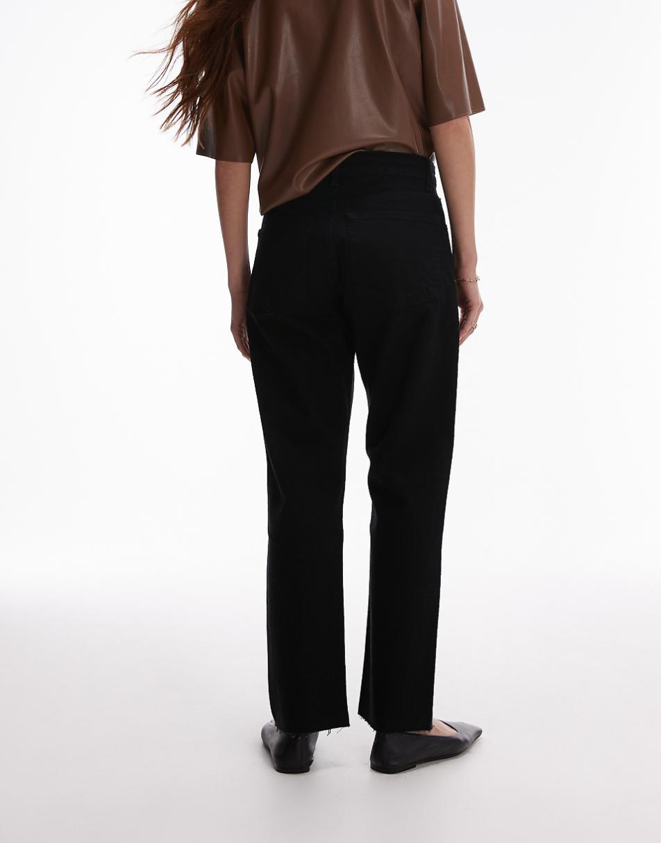 Topshop cropped mid rise straight jeans with raw hems in black