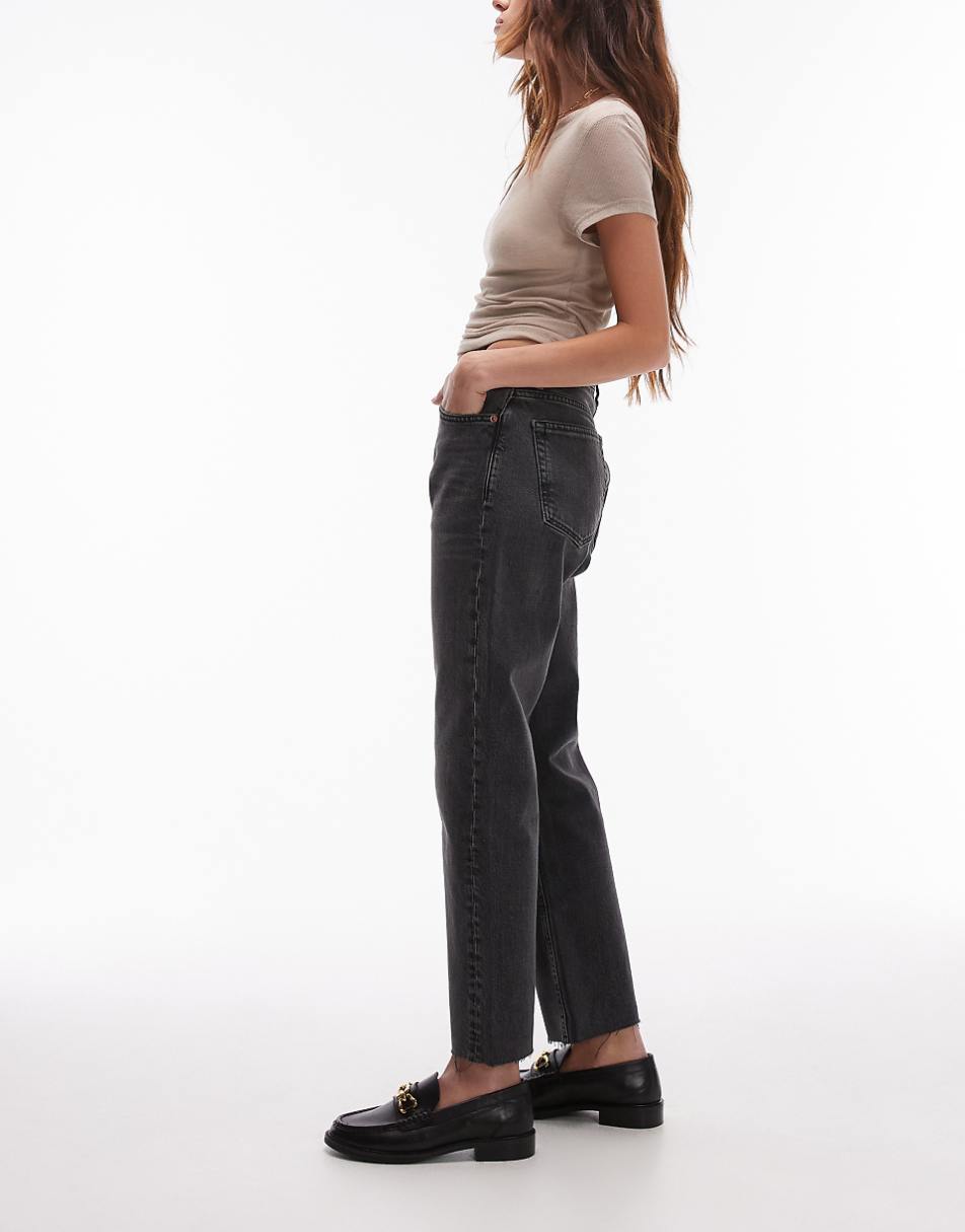 Topshop cropped mid rise straight jeans with raw hems in washed black