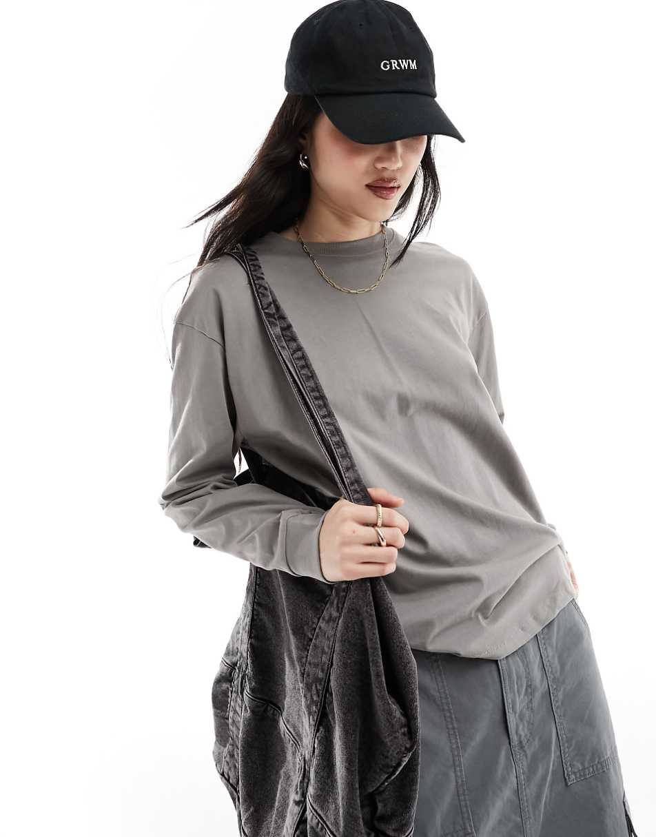 Pull&Bear oversized long sleeved t-shirt in pale gray