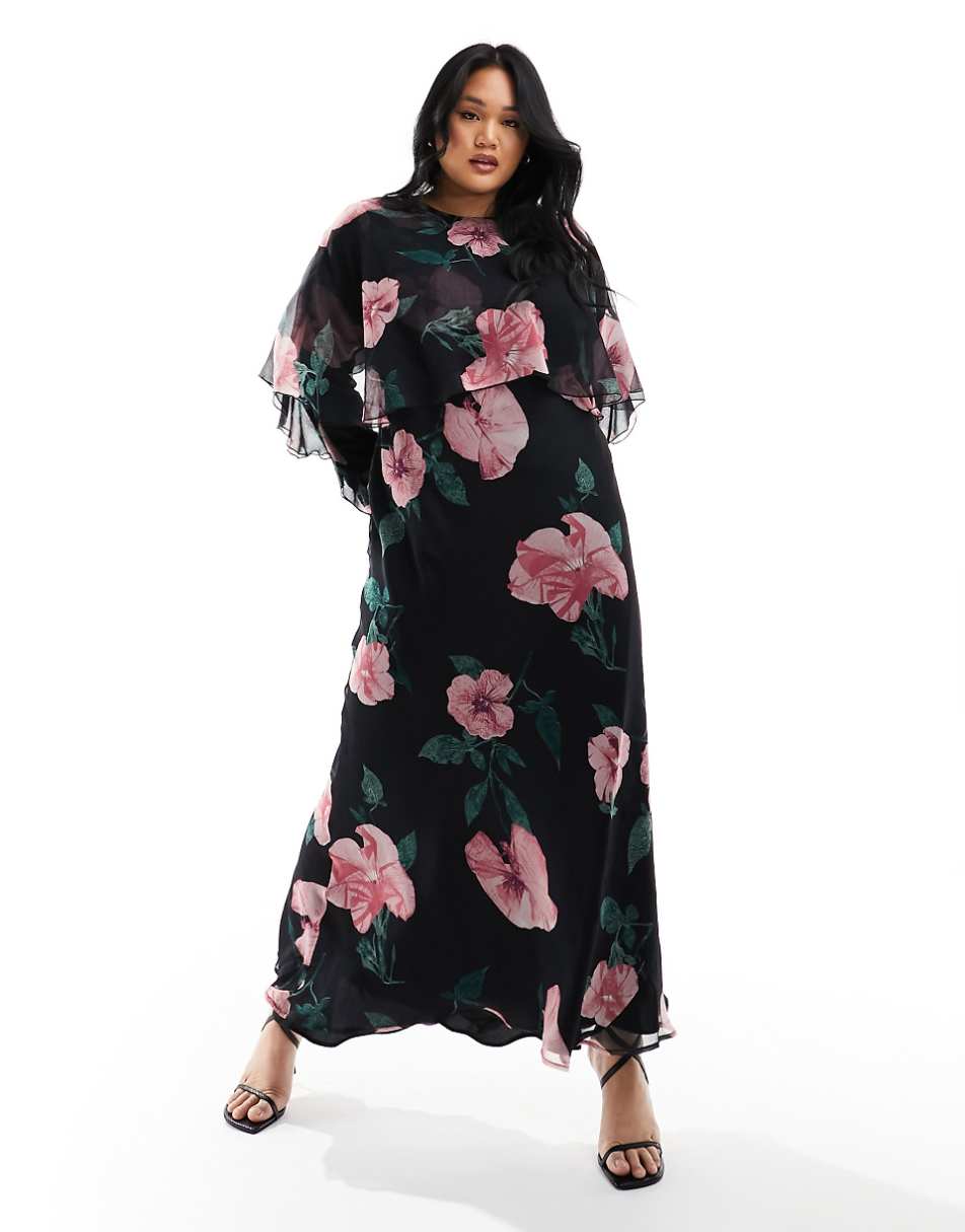 ASOS DESIGN Curve long sleeve ruffle bias maxi dress with cape detail in black floral print