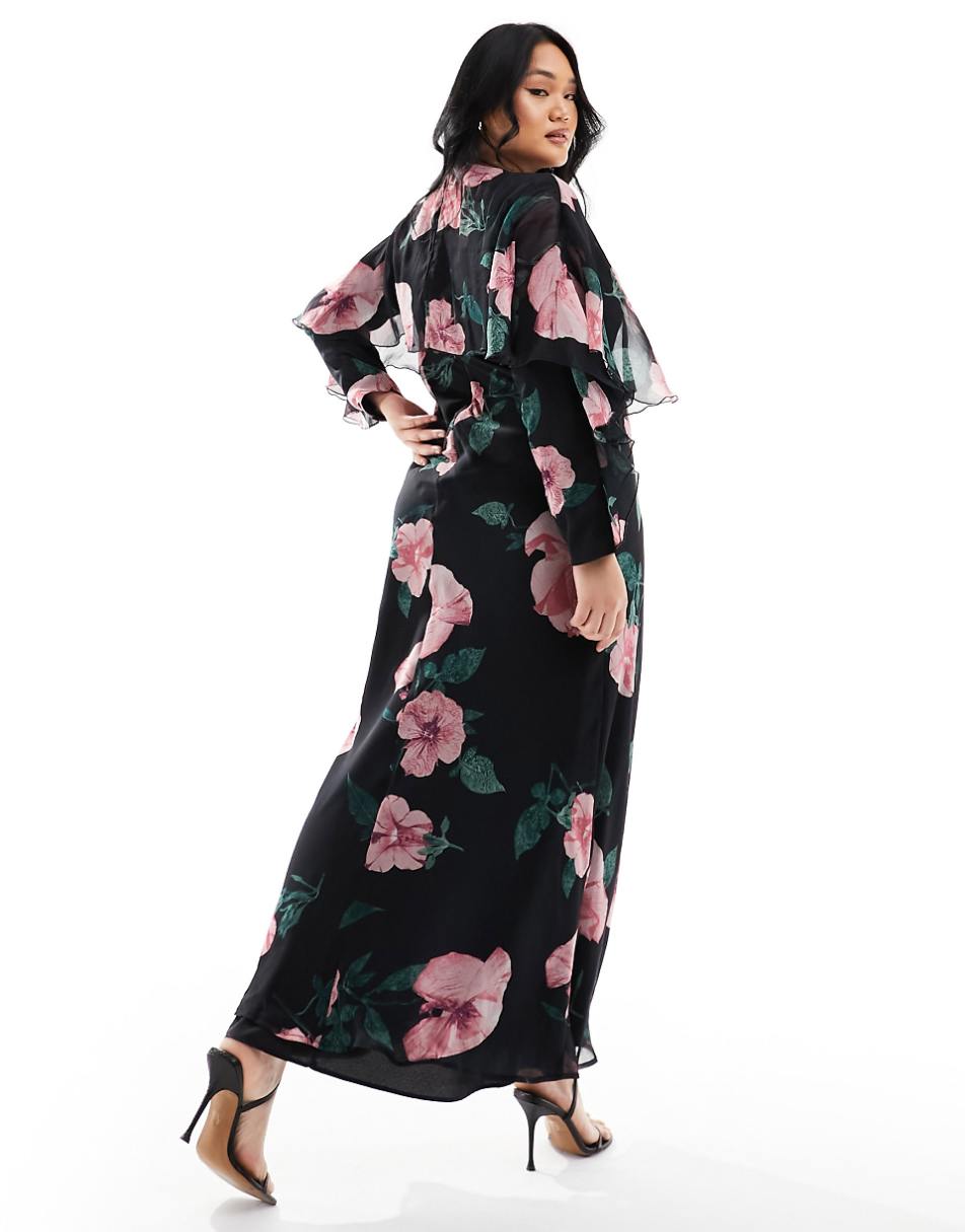 ASOS DESIGN Curve long sleeve ruffle bias maxi dress with cape detail in black floral print