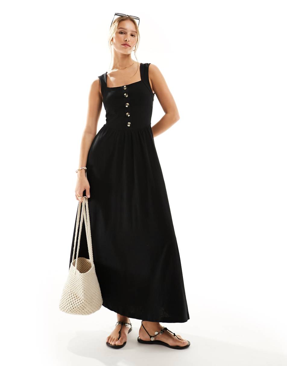 ASOS DESIGN square neck midi sundress with button detail in black