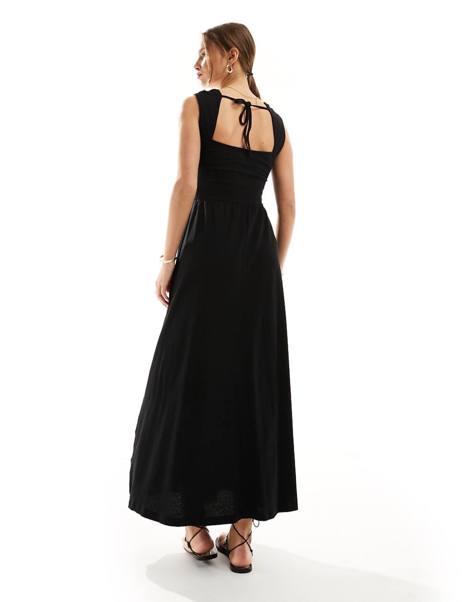 ASOS DESIGN square neck midi sundress with button detail in black