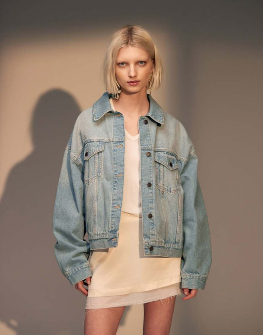 Topshop Balloon denim jacket in cloudy blue