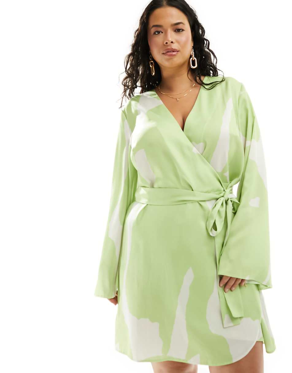 ASOS DESIGN Curve exclusive satin wrap mini dress with tie waist in green abstract print