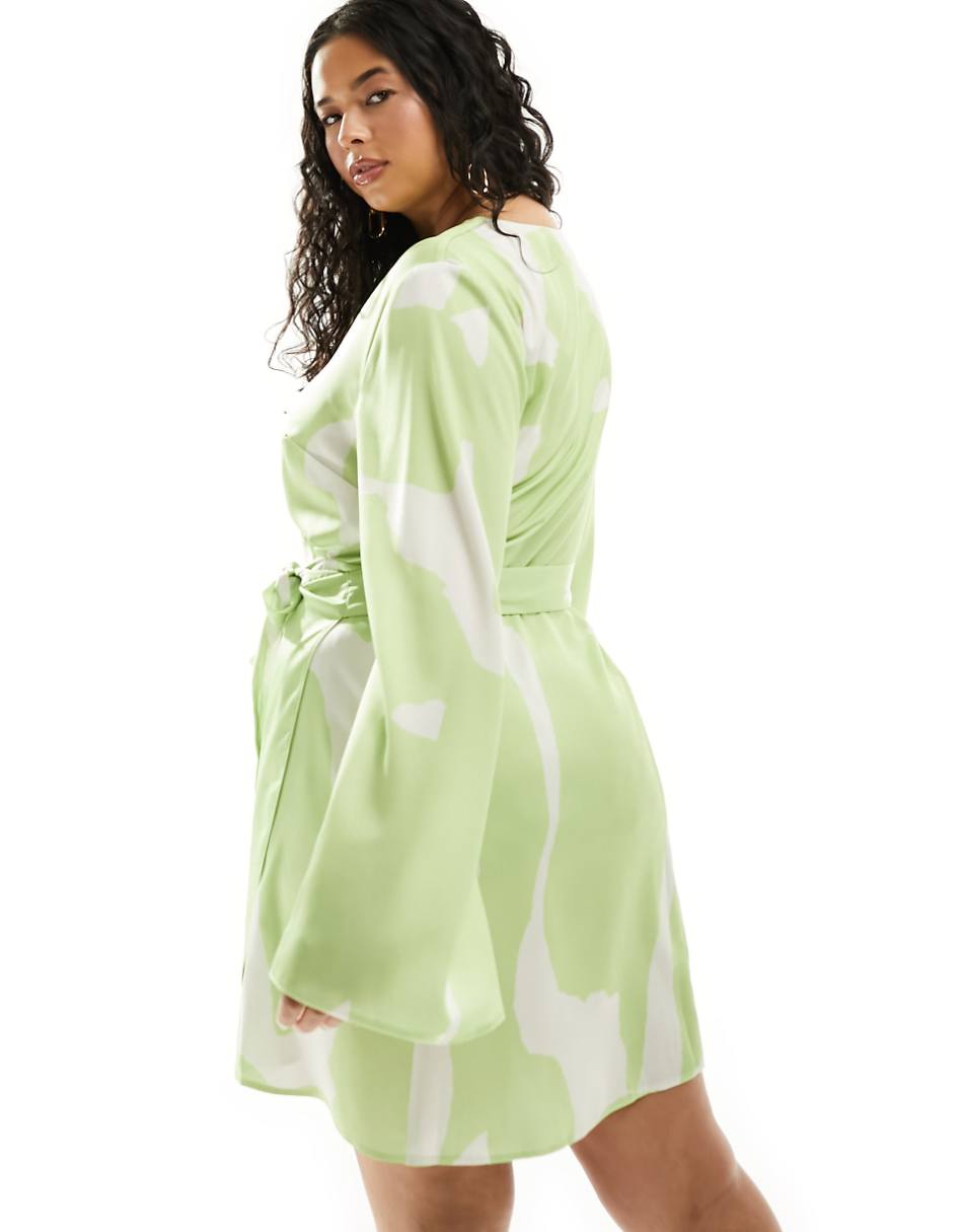 ASOS DESIGN Curve exclusive satin wrap mini dress with tie waist in green abstract print