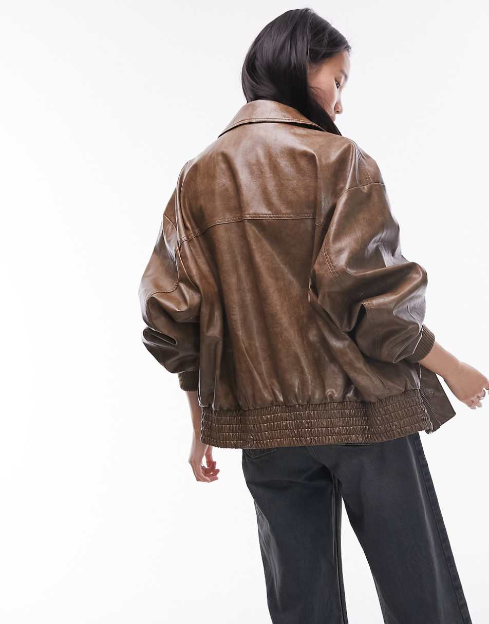 Topshop faux leather bomber jacket in washed brown