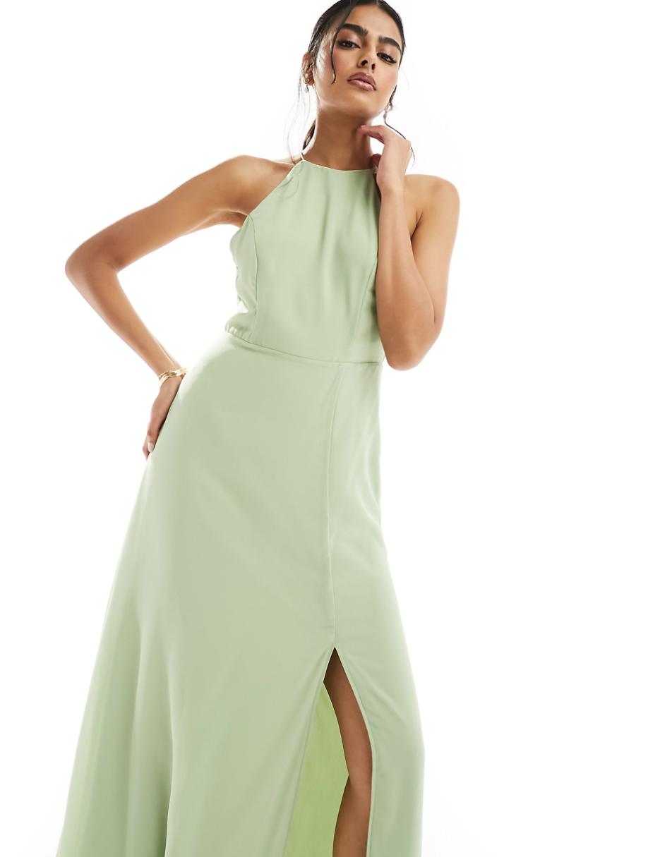 Vila Bridesmaid halterneck strappy cross back maxi dress in sage green