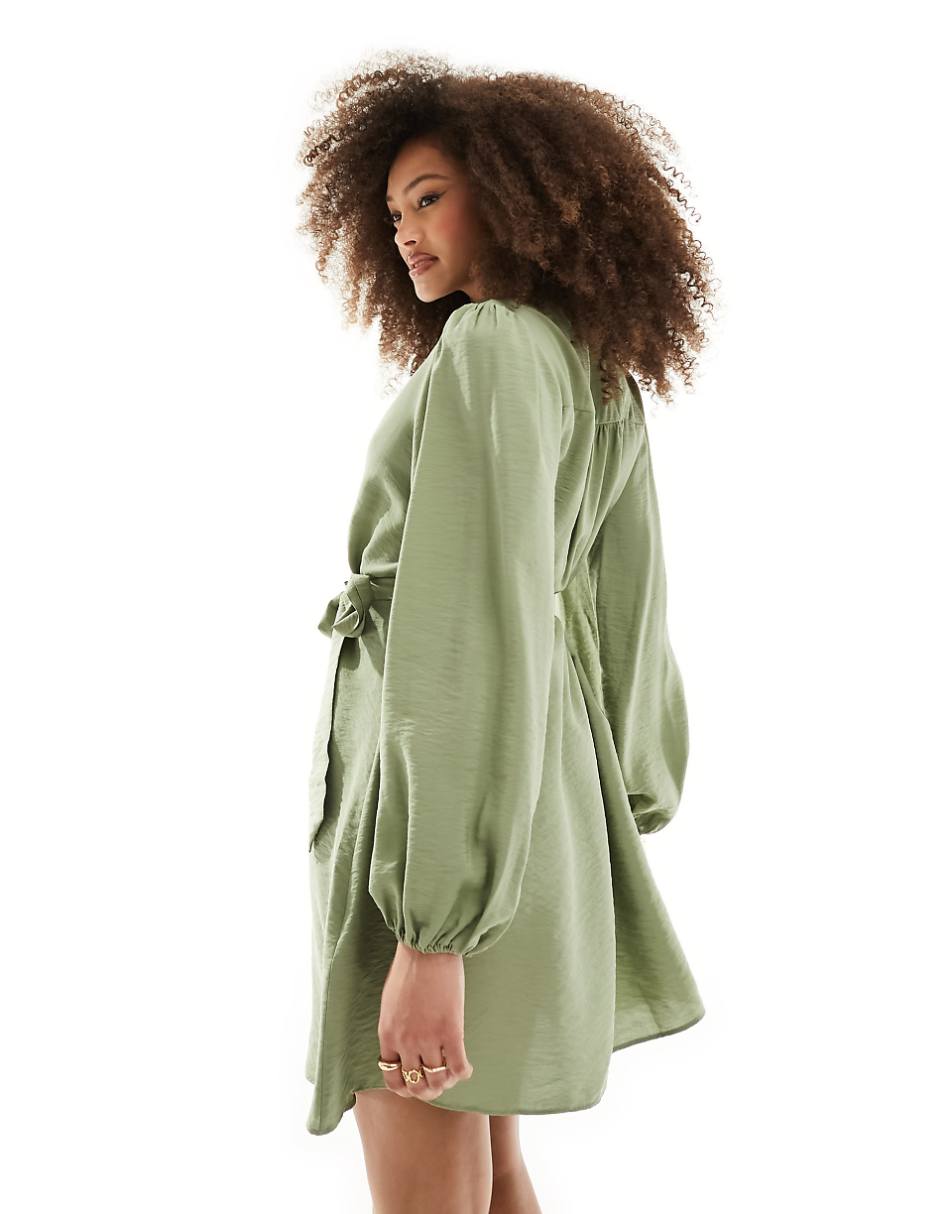 Vila v neck tie waist mini dress in green